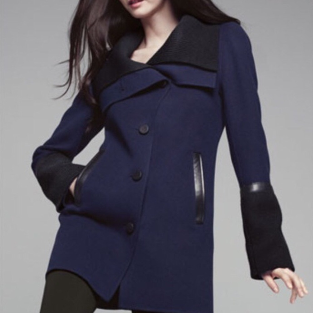 Navy wool coat with leather trim by Mackage.